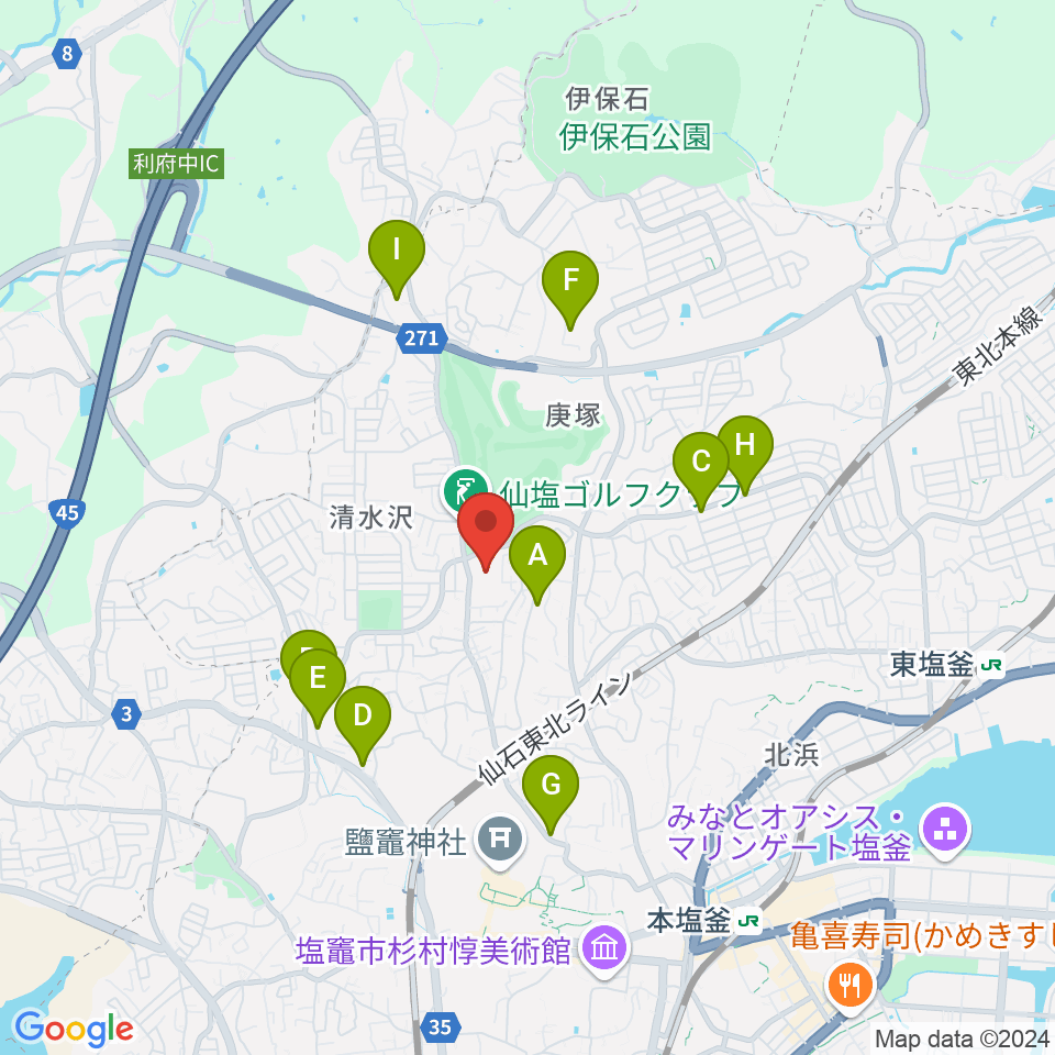 塩釜ガス体育館周辺のファミレス・ファーストフード一覧地図