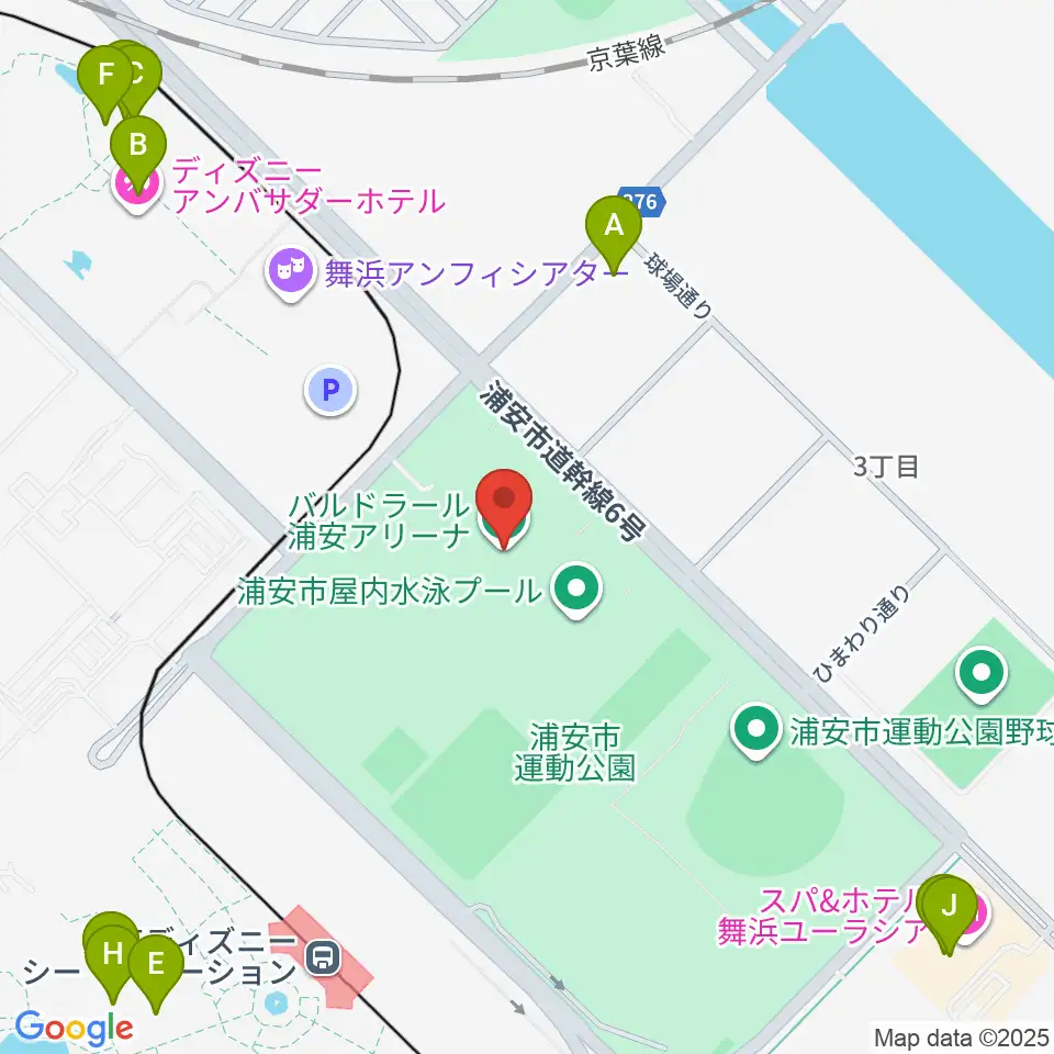 バルドラール浦安アリーナ周辺のファミレス・ファーストフード一覧地図