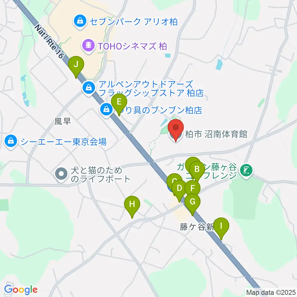 柏市沼南体育館周辺のファミレス・ファーストフード一覧地図