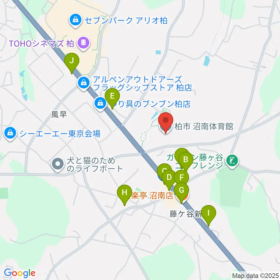 柏市沼南体育館周辺のファミレス・ファーストフード一覧地図