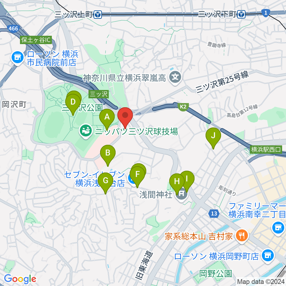 横浜市平沼記念体育館周辺のファミレス・ファーストフード一覧地図