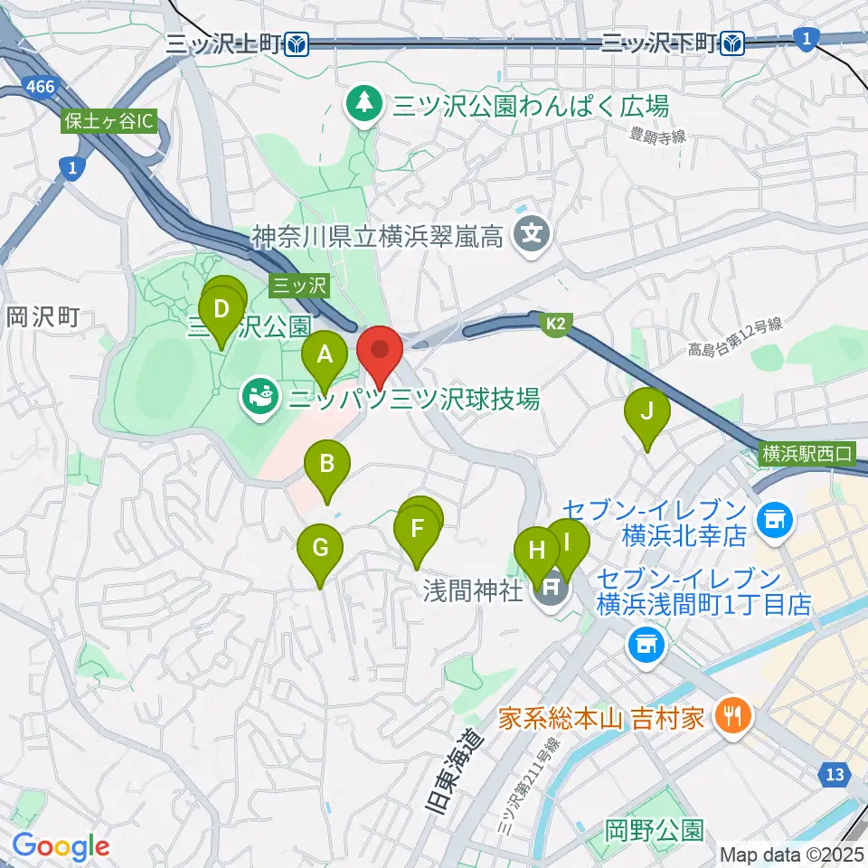 横浜市平沼記念体育館周辺のファミレス・ファーストフード一覧地図