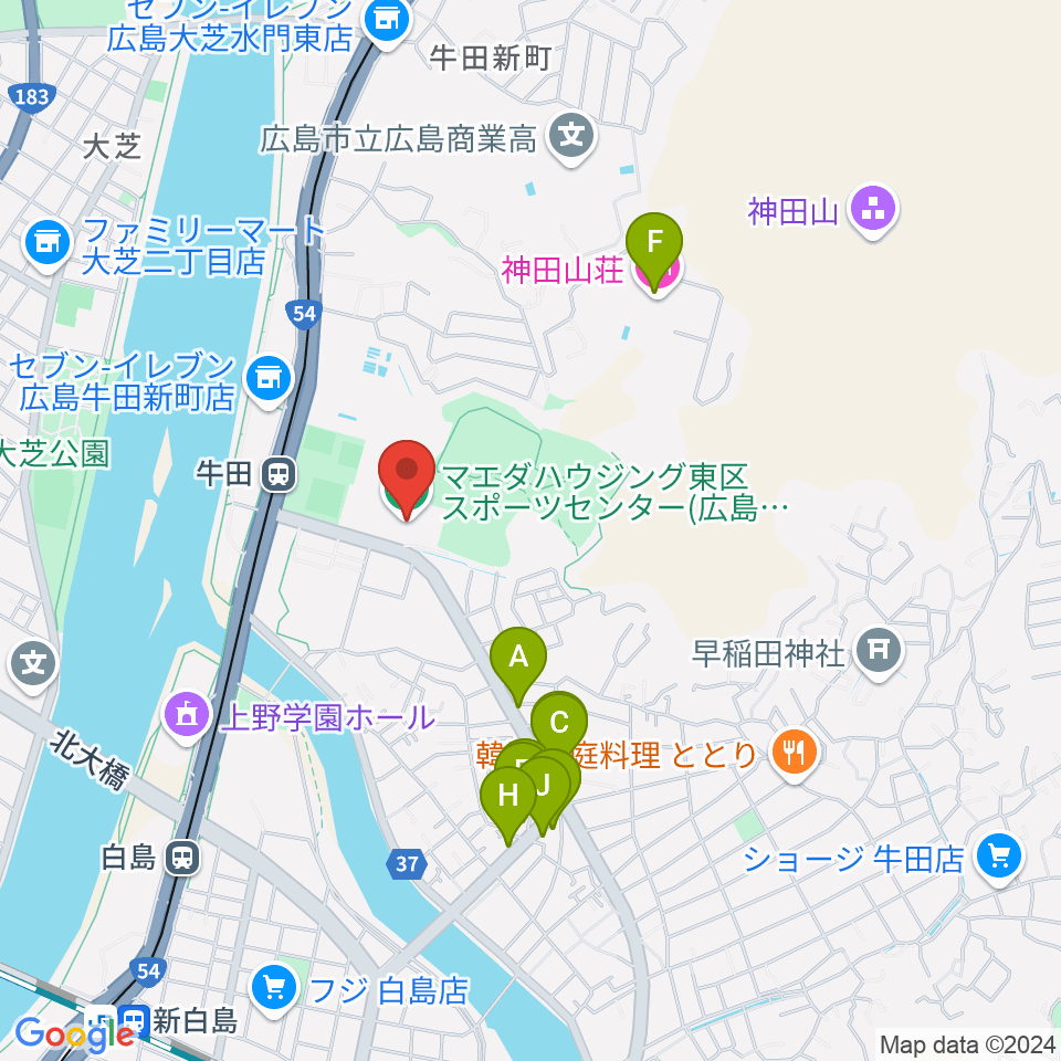 マエダハウジング東区スポーツセンター周辺のファミレス・ファーストフード一覧地図