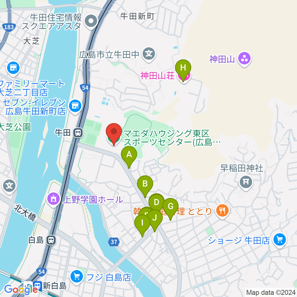 マエダハウジング東区スポーツセンター周辺のファミレス・ファーストフード一覧地図