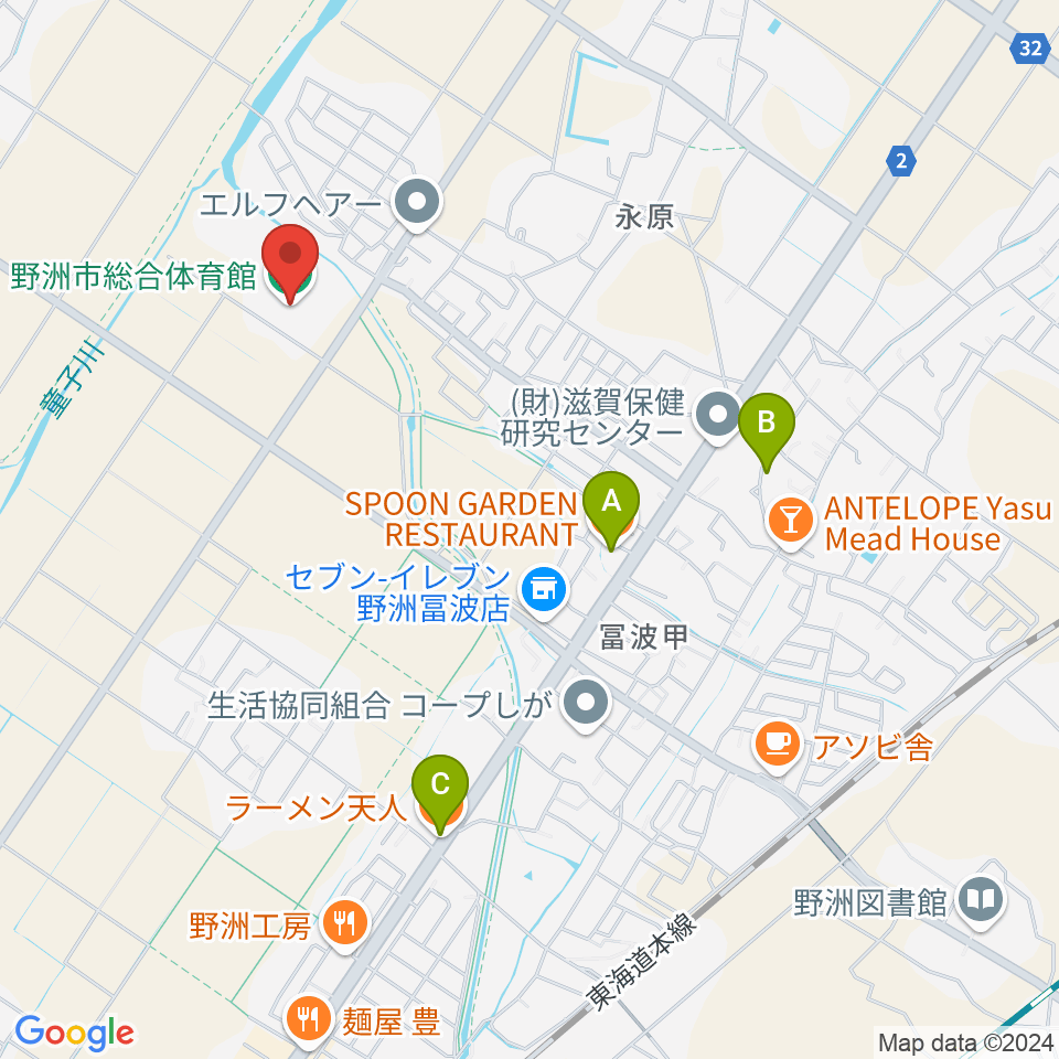 野洲市総合体育館周辺のファミレス・ファーストフード一覧地図