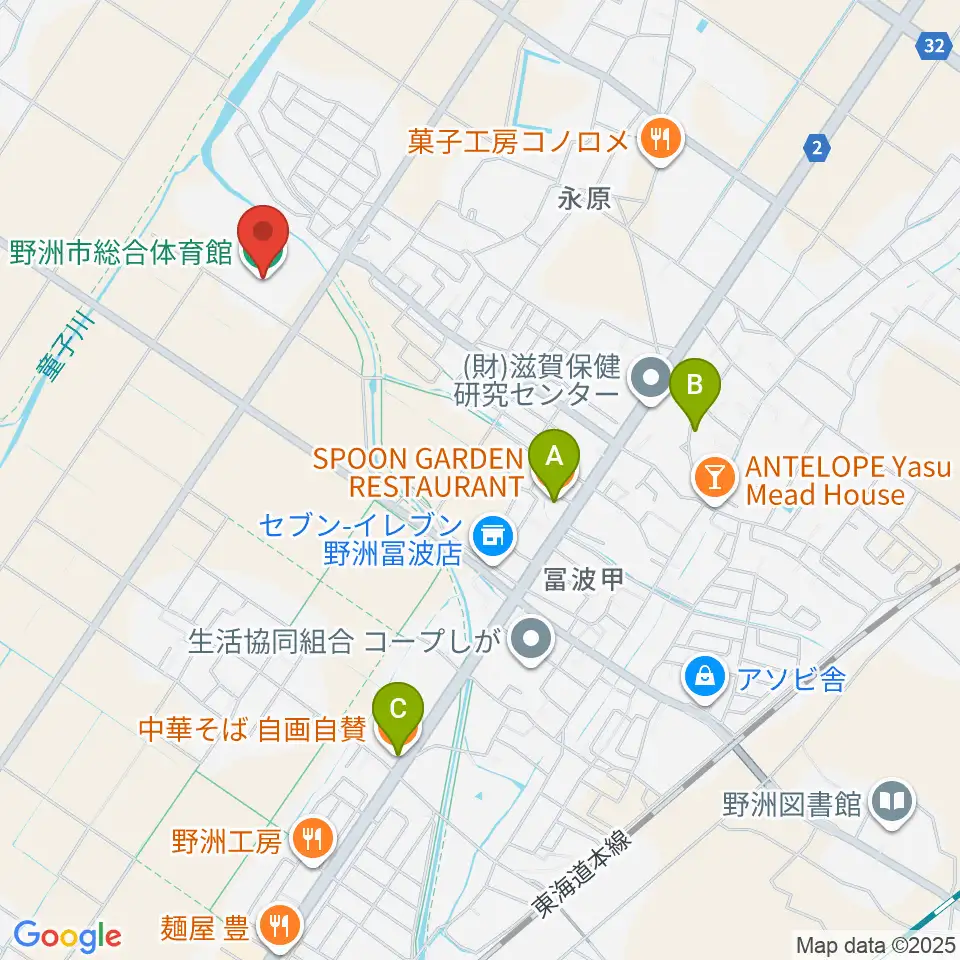 野洲市総合体育館周辺のファミレス・ファーストフード一覧地図