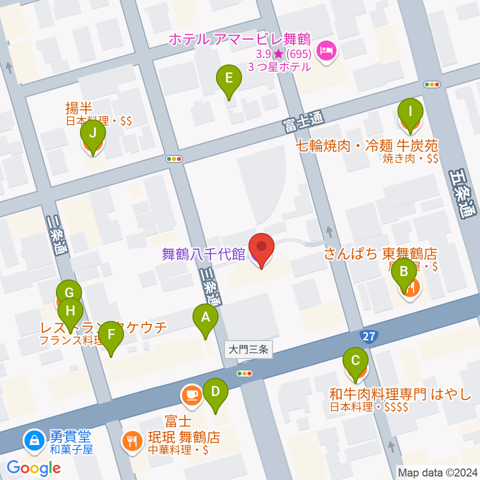 舞鶴八千代館周辺のファミレス・ファーストフード一覧地図