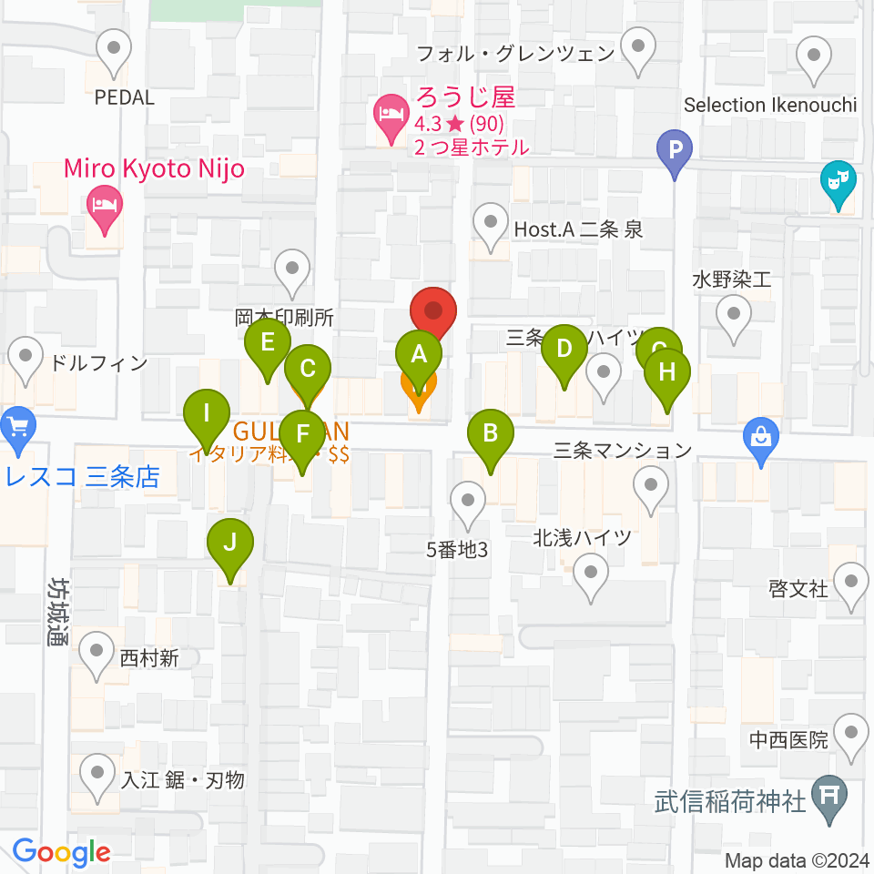 京都・二条駅のピアノとリトミック教室周辺のファミレス・ファーストフード一覧地図