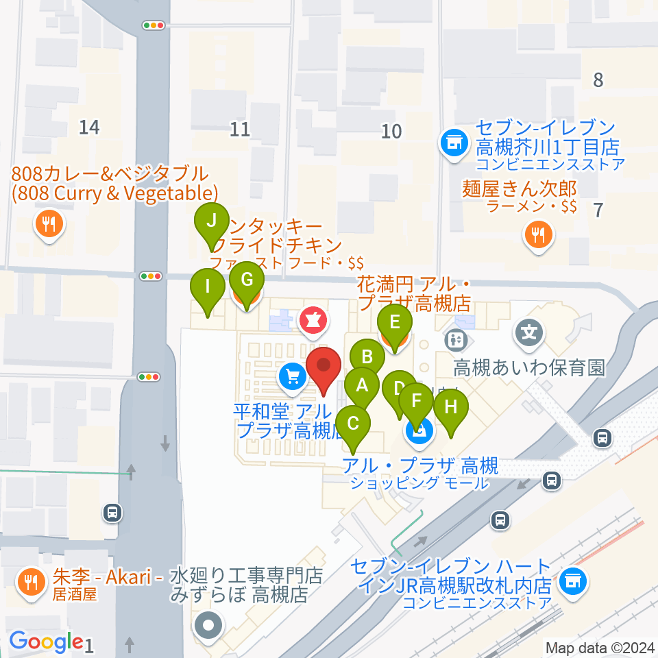 高槻アレックスシネマ周辺のファミレス・ファーストフード一覧地図