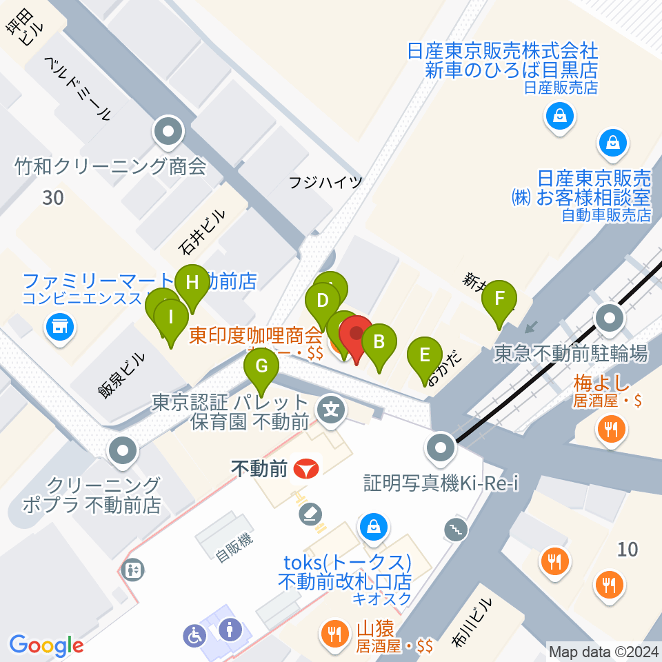 ピアノスタジオノア 目黒不動前店周辺のファミレス・ファーストフード一覧地図