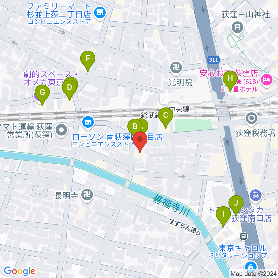 鶴屋弓弦店周辺のファミレス・ファーストフード一覧地図