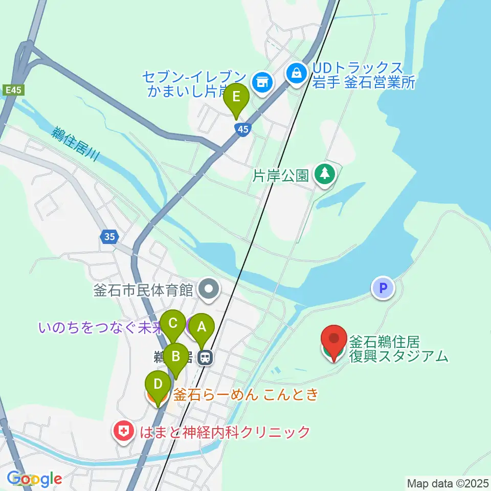 釜石鵜住居復興スタジアム周辺のファミレス・ファーストフード一覧地図