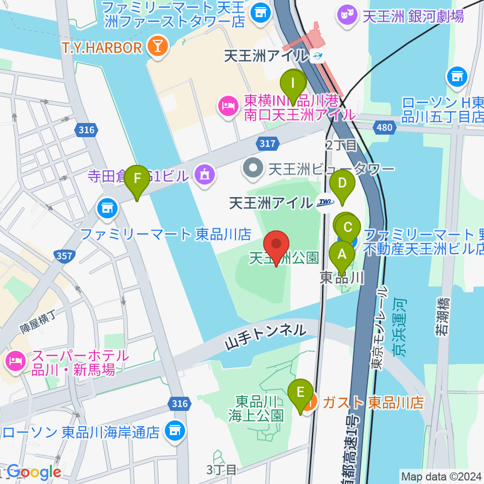 天王洲公園野球場周辺のファミレス・ファーストフード一覧地図