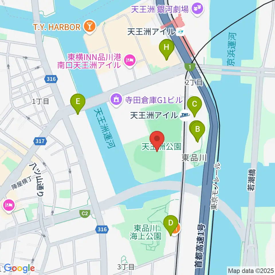 天王洲公園野球場周辺のファミレス・ファーストフード一覧地図
