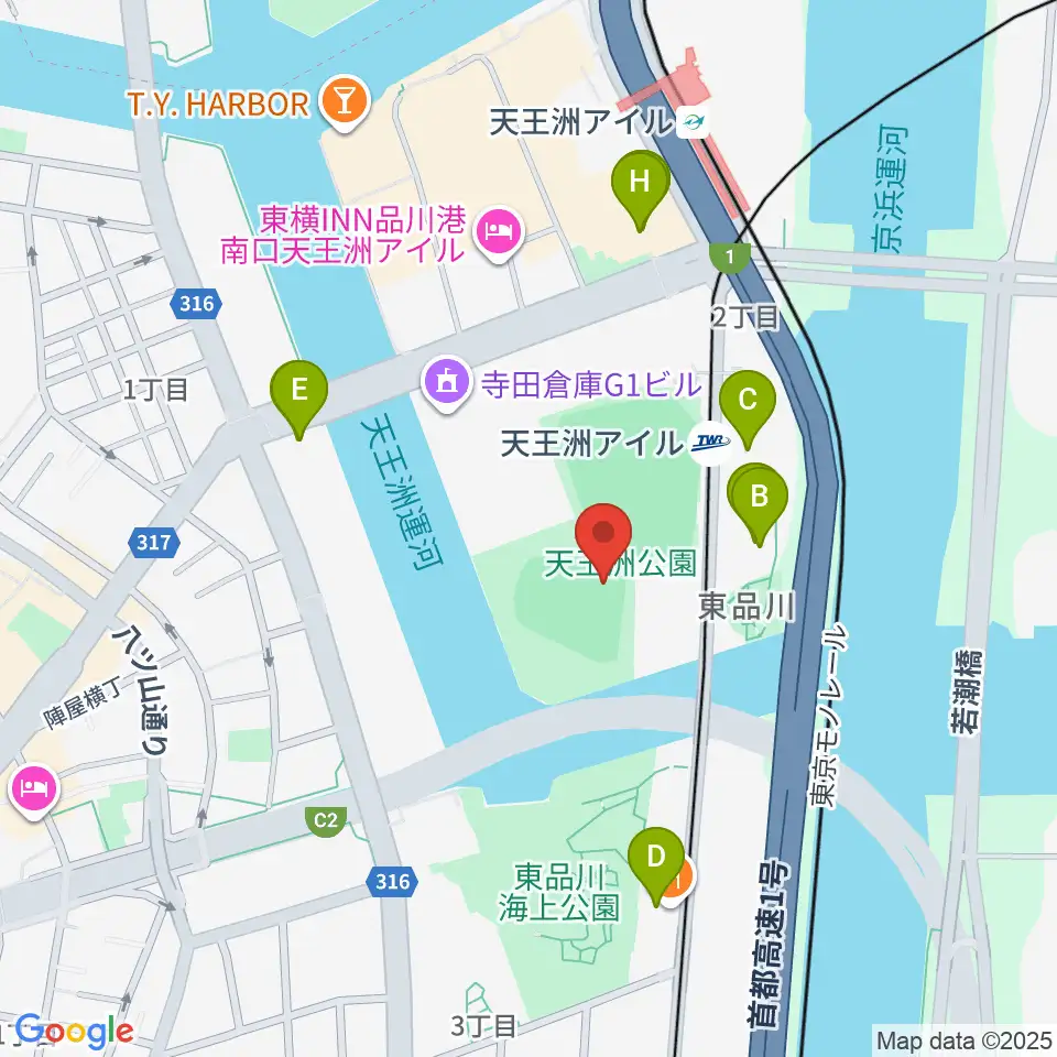 天王洲公園野球場周辺のファミレス・ファーストフード一覧地図