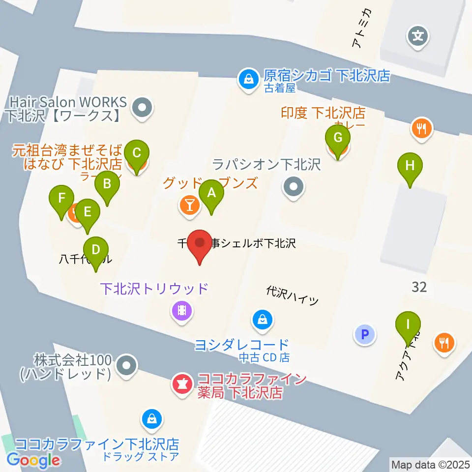 下北沢トリウッド周辺のファミレス・ファーストフード一覧地図