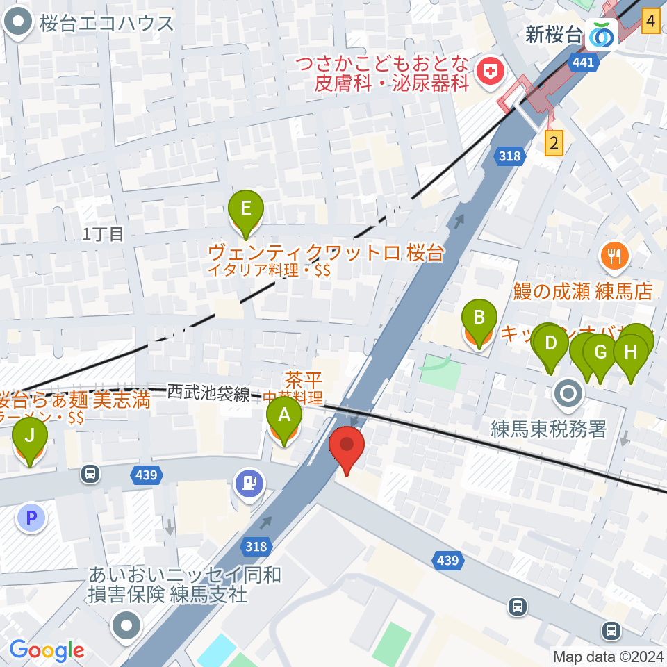 音楽教室ふわり 桜台校周辺のファミレス・ファーストフード一覧地図