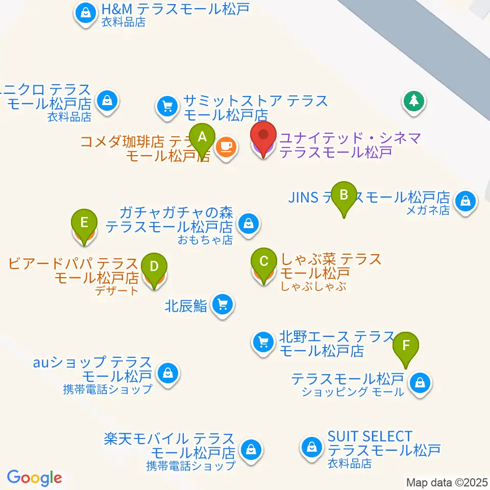 ユナイテッド・シネマ テラスモール松戸周辺のファミレス・ファーストフード一覧地図