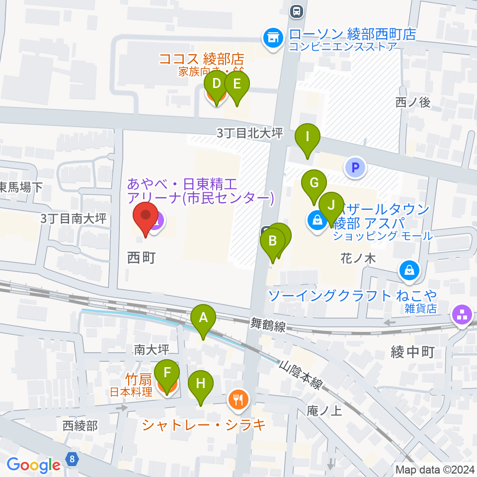 あやべ・日東精工アリーナ周辺のファミレス・ファーストフード一覧地図