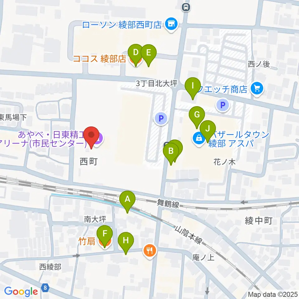 あやべ・日東精工アリーナ周辺のファミレス・ファーストフード一覧地図