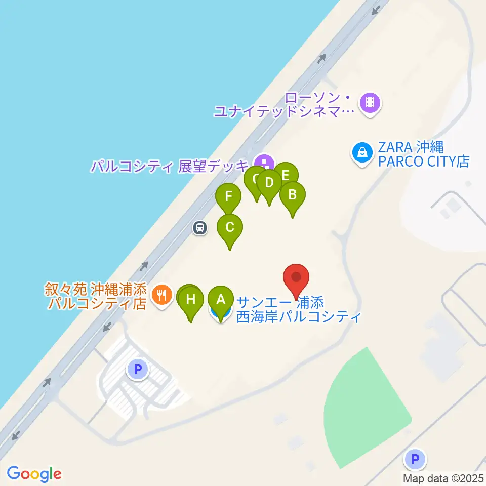 島村楽器 沖縄・浦添パルコシティ店周辺のファミレス・ファーストフード一覧地図