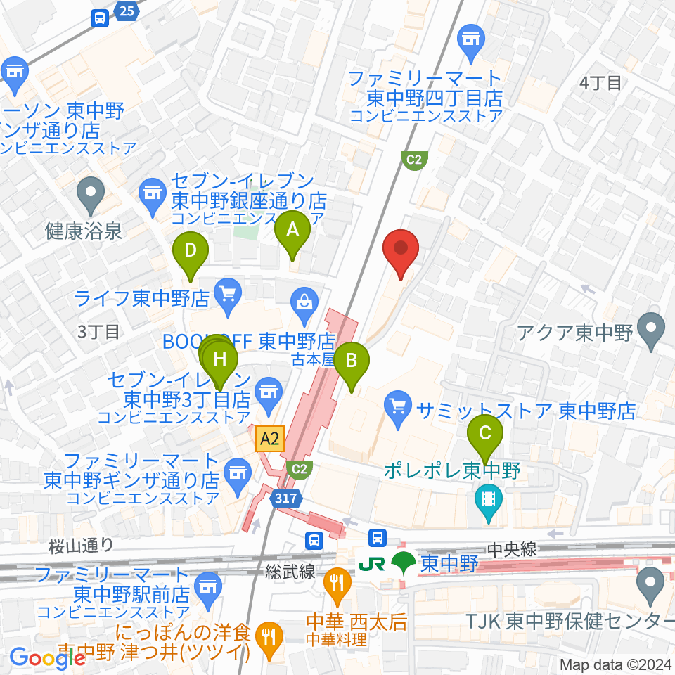 東中野ドラム周辺のファミレス・ファーストフード一覧地図