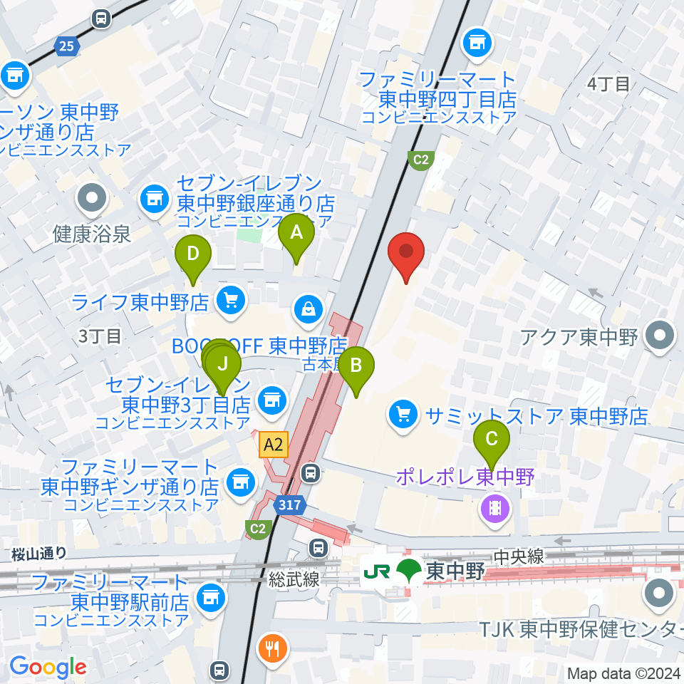 東中野ドラム周辺のファミレス・ファーストフード一覧地図