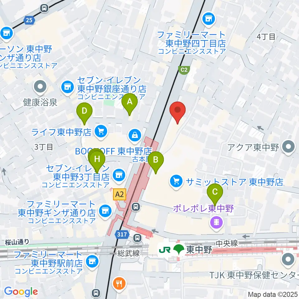 東中野ドラム周辺のファミレス・ファーストフード一覧地図