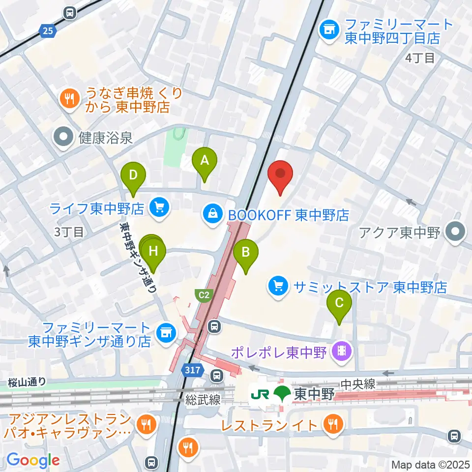 東中野ドラム周辺のファミレス・ファーストフード一覧地図