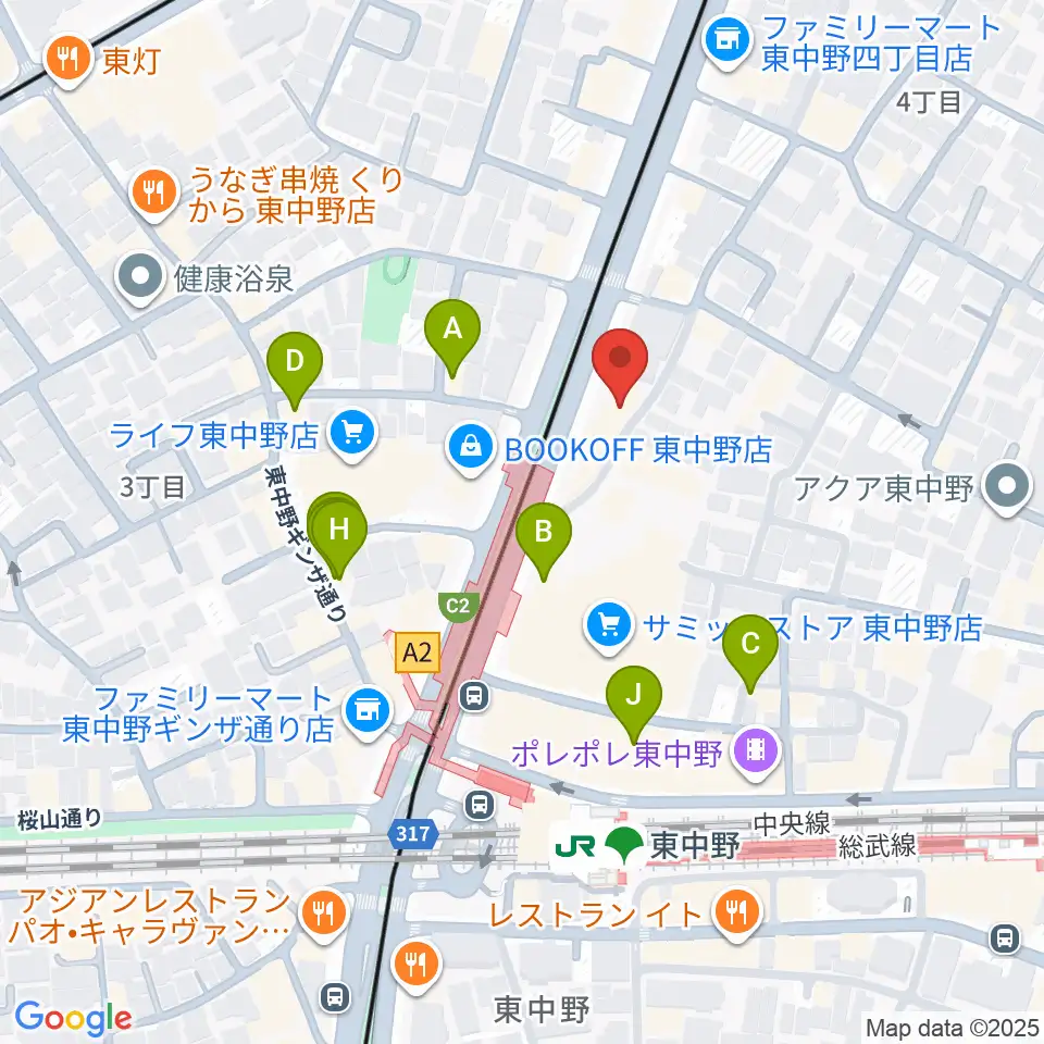 東中野ドラム周辺のファミレス・ファーストフード一覧地図