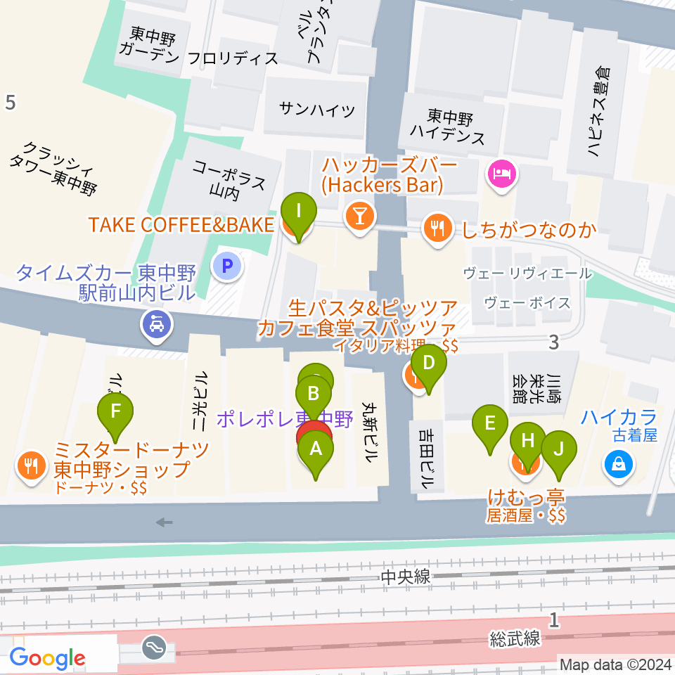 ポレポレ東中野周辺のファミレス・ファーストフード一覧地図