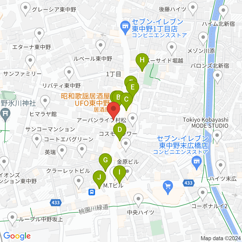 東中野バニラスタジオ周辺のファミレス・ファーストフード一覧地図