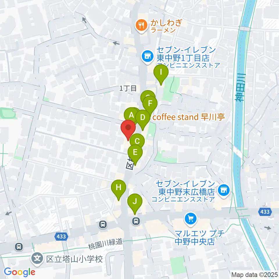 東中野バニラスタジオ周辺のファミレス・ファーストフード一覧地図