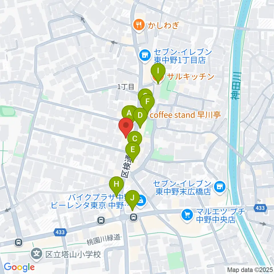 東中野バニラスタジオ周辺のファミレス・ファーストフード一覧地図