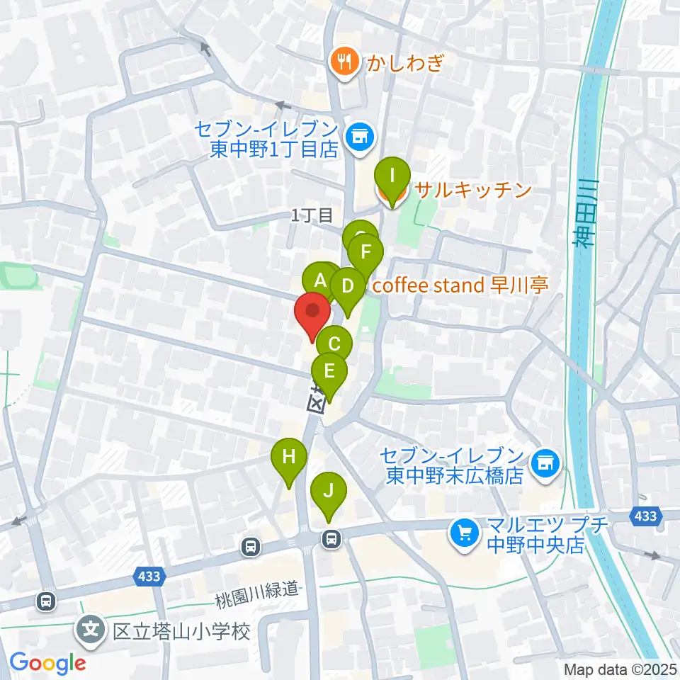 東中野バニラスタジオ周辺のファミレス・ファーストフード一覧地図
