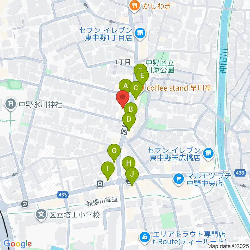 東中野バニラスタジオ周辺のファミレス・ファーストフード一覧地図