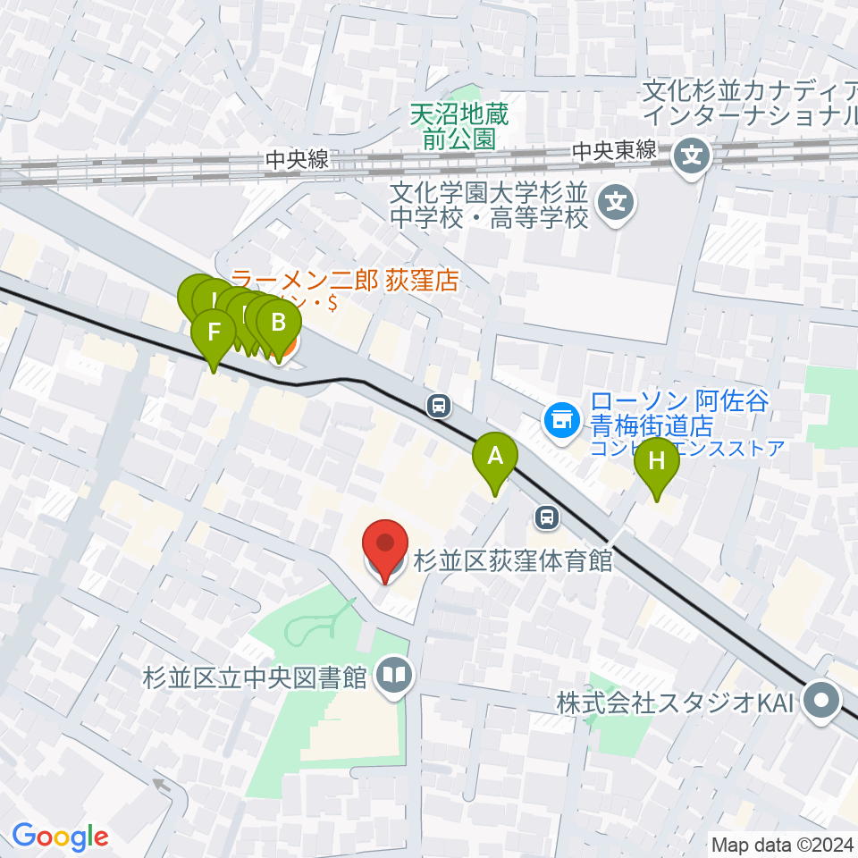 荻窪体育館周辺のファミレス・ファーストフード一覧地図