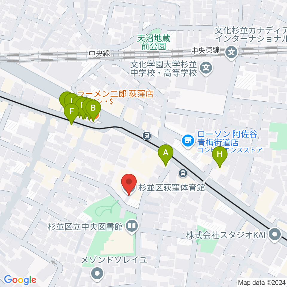 荻窪体育館周辺のファミレス・ファーストフード一覧地図