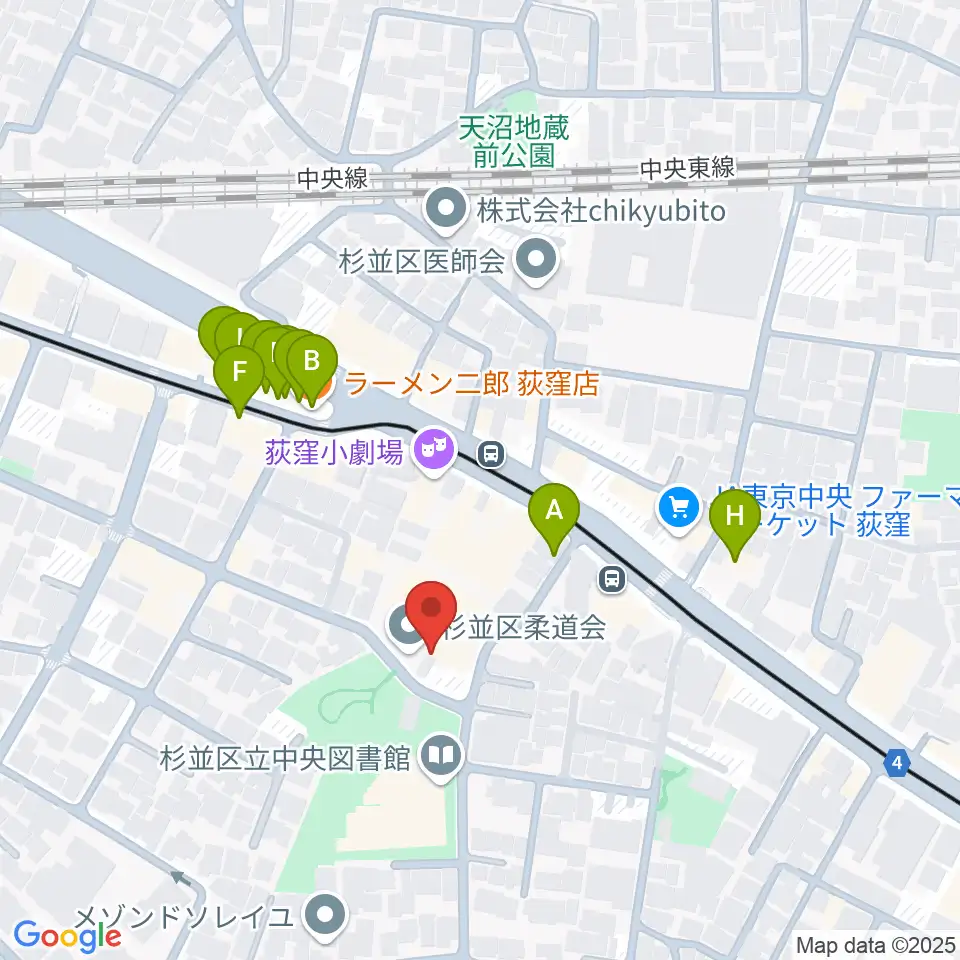荻窪体育館周辺のファミレス・ファーストフード一覧地図