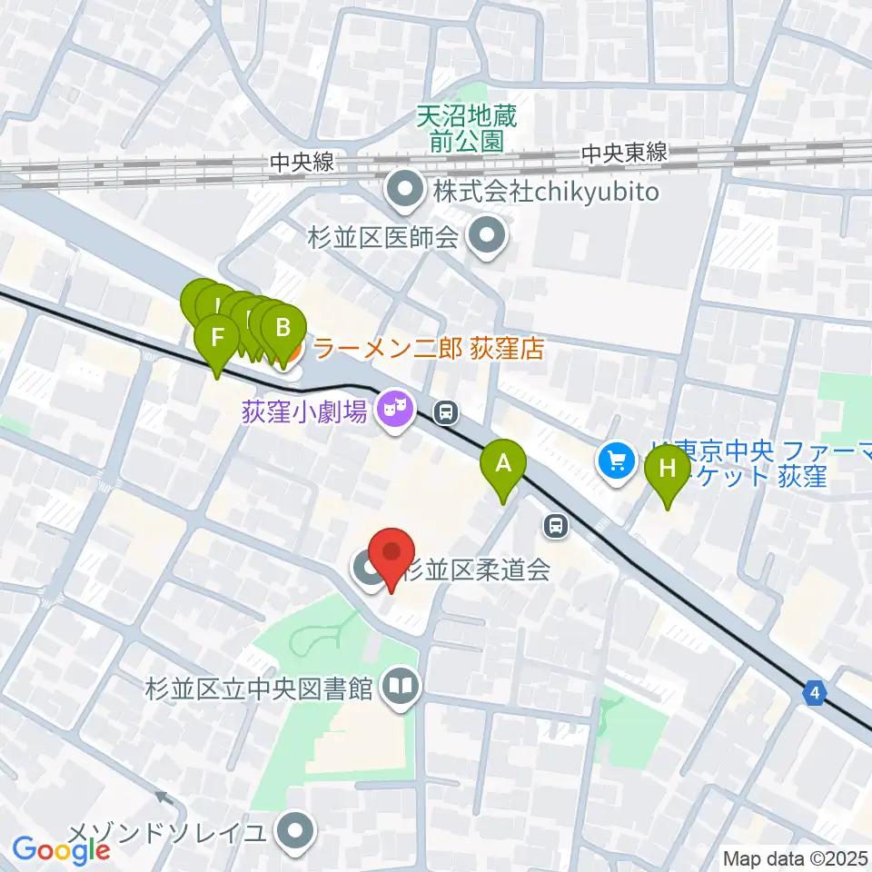 荻窪体育館周辺のファミレス・ファーストフード一覧地図