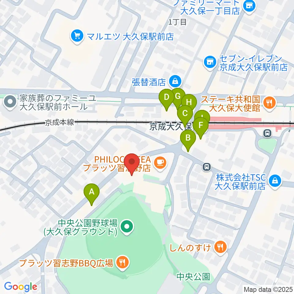 プラッツ習志野市民ホール周辺のファミレス・ファーストフード一覧地図