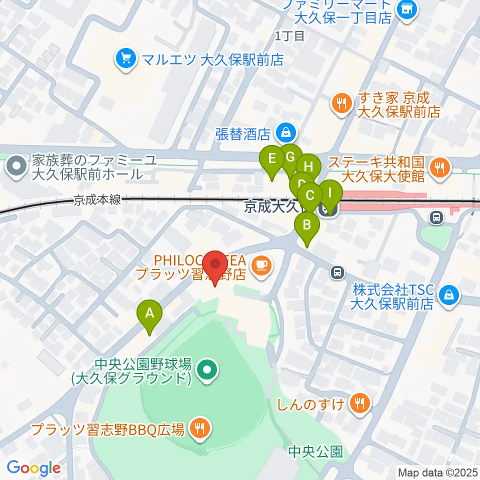 プラッツ習志野市民ホール周辺のファミレス・ファーストフード一覧地図