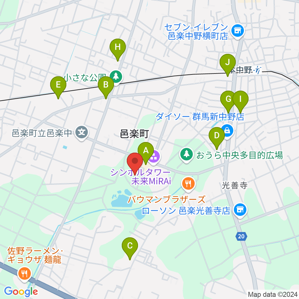 邑楽町中央公民館周辺のファミレス・ファーストフード一覧地図