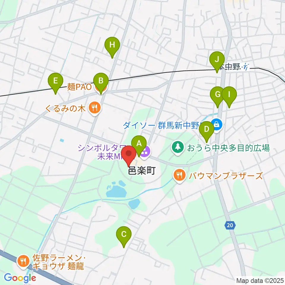 邑楽町中央公民館周辺のファミレス・ファーストフード一覧地図
