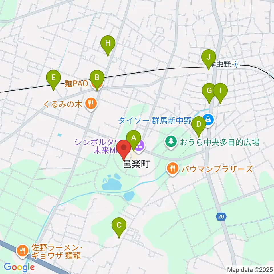 邑楽町中央公民館周辺のファミレス・ファーストフード一覧地図