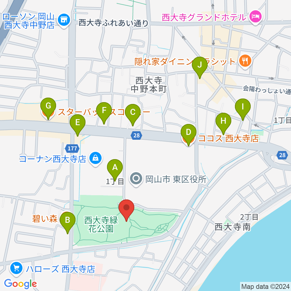 西大寺緑花公園・百花プラザ周辺のファミレス・ファーストフード一覧地図