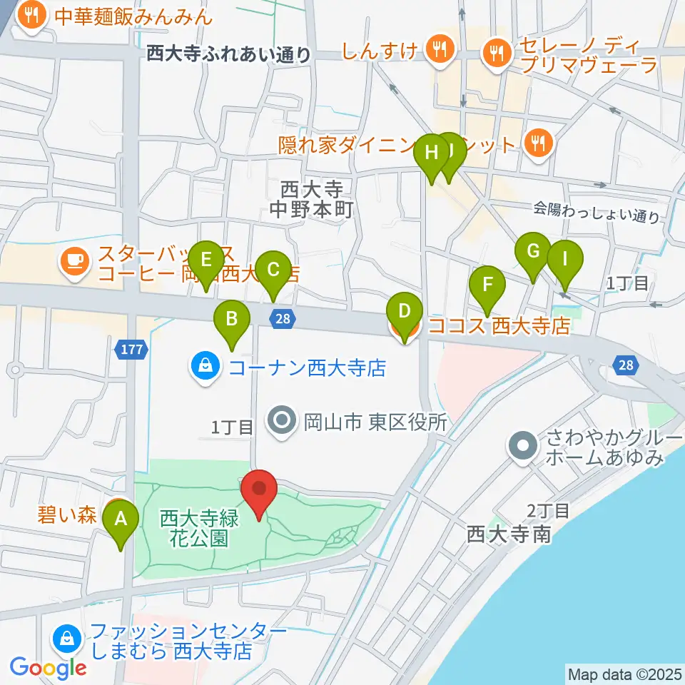 西大寺緑花公園・百花プラザ周辺のファミレス・ファーストフード一覧地図
