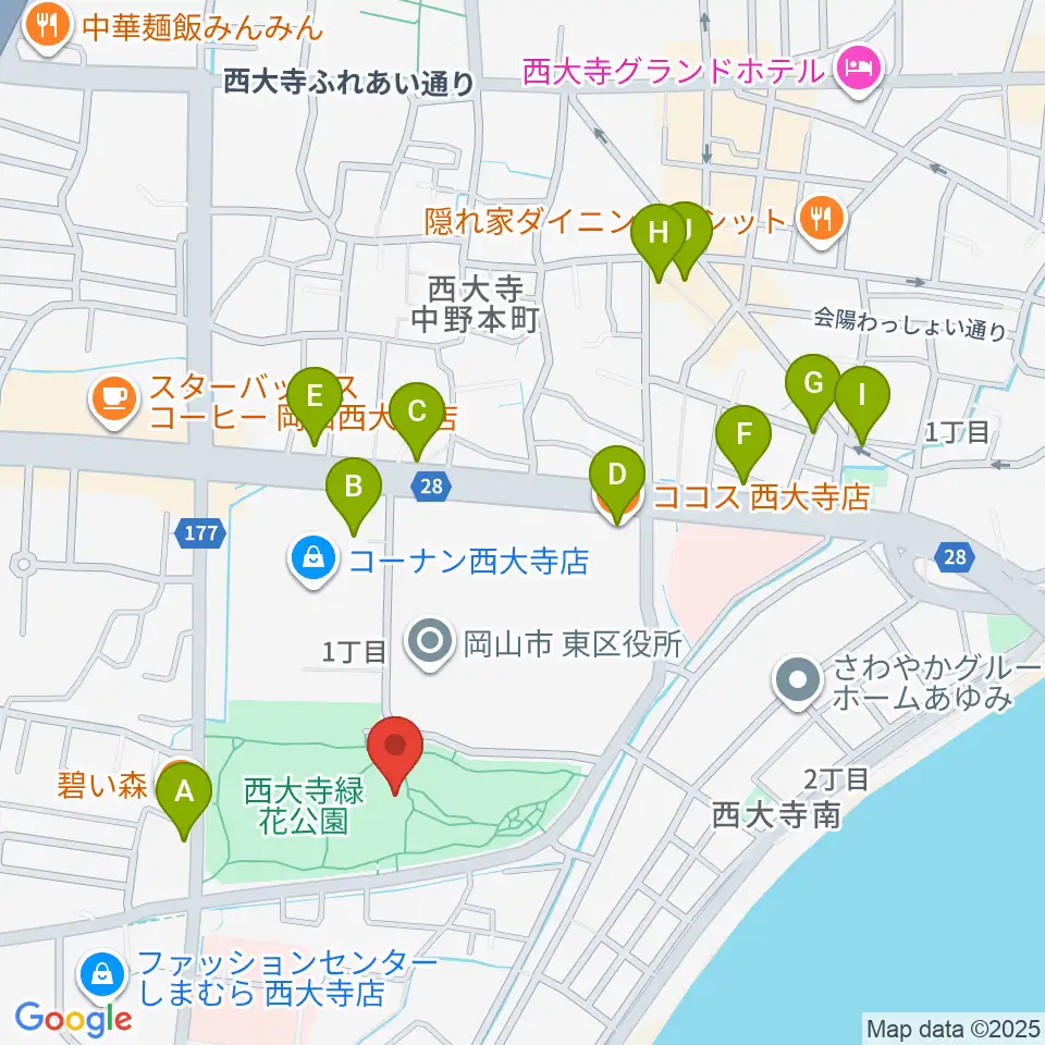 西大寺緑花公園・百花プラザ周辺のファミレス・ファーストフード一覧地図