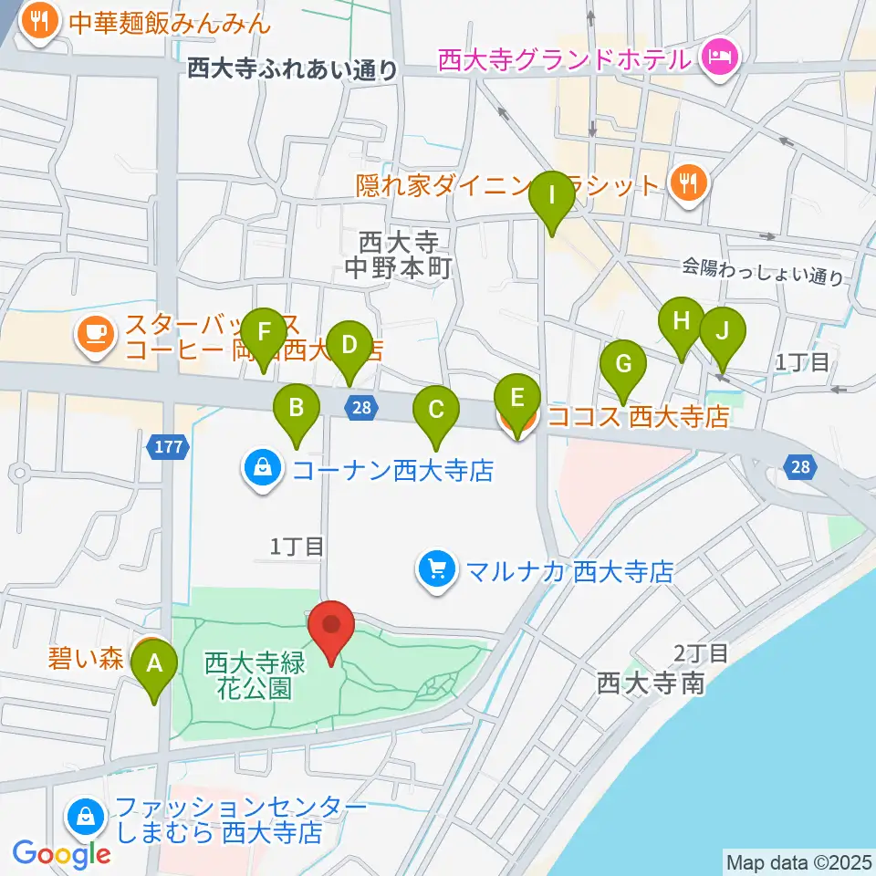 西大寺緑花公園・百花プラザ周辺のファミレス・ファーストフード一覧地図