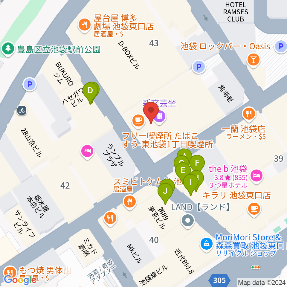 新文芸坐周辺のファミレス・ファーストフード一覧地図